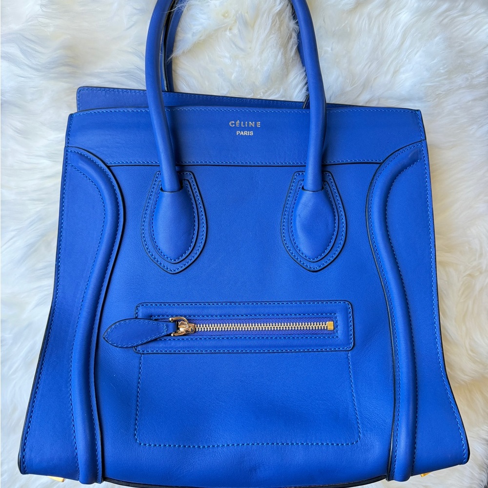 Indigo Smooth Calfskin Leather Celine Micro Luggage Tote Purse Blue Excellent